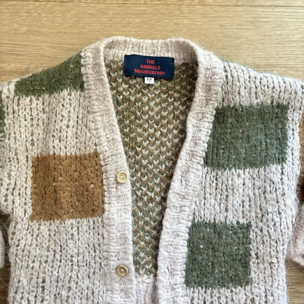 The Animals Observatory Patchwork Chunky Cardigan Pastel 12 M Alpaca Wool